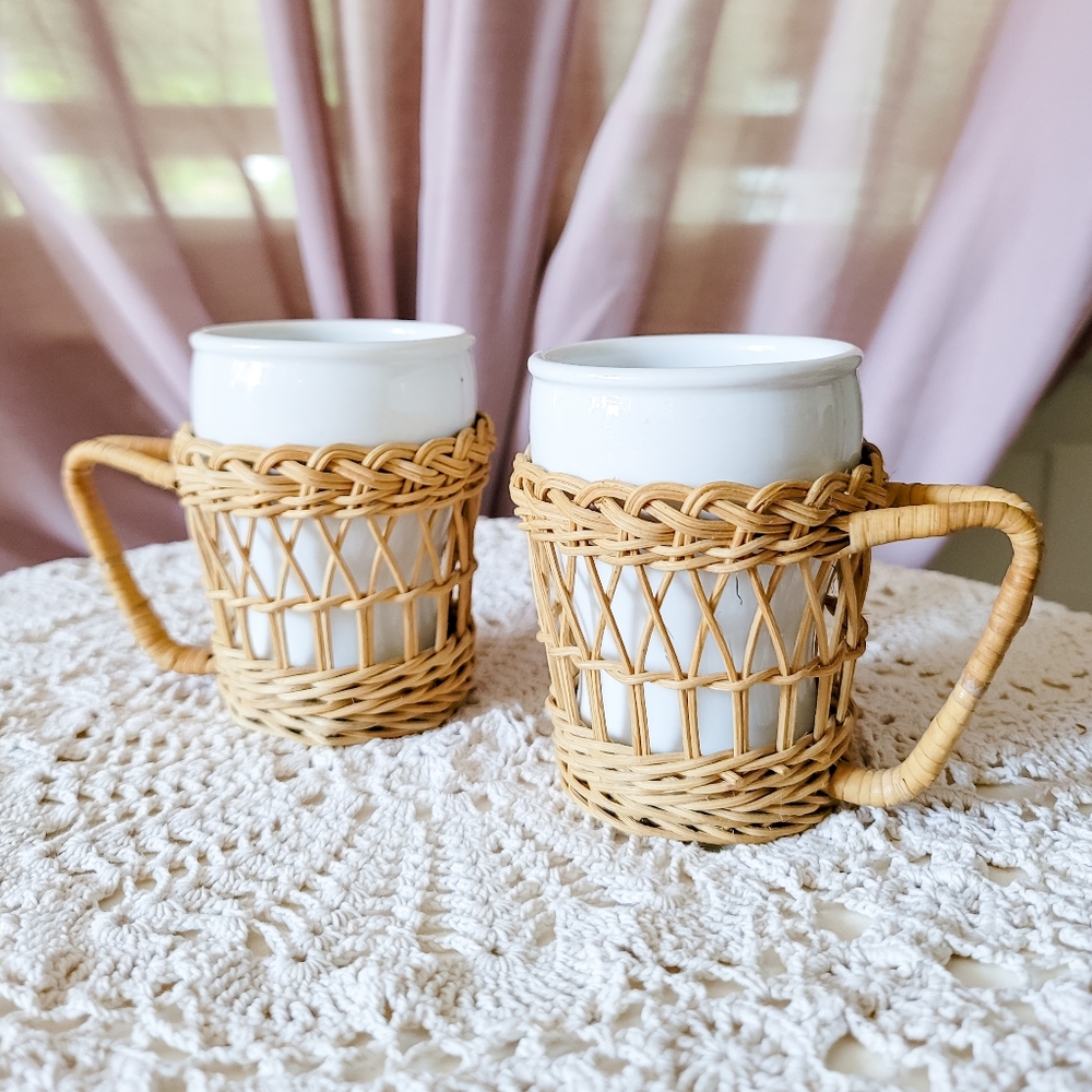 🫖 VINTAGE BOHO WICKER MUG SET OF 2